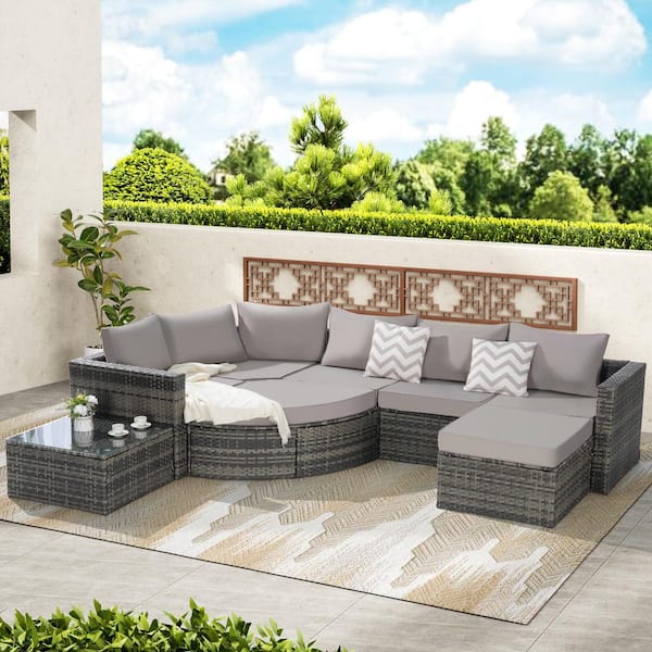 Unbranded 8-Piece Wicker Outdoor Sectional Set, L-Shaped All-Weather PE Rattan Patio Furniture with Glass Table Light Gray Cushion
