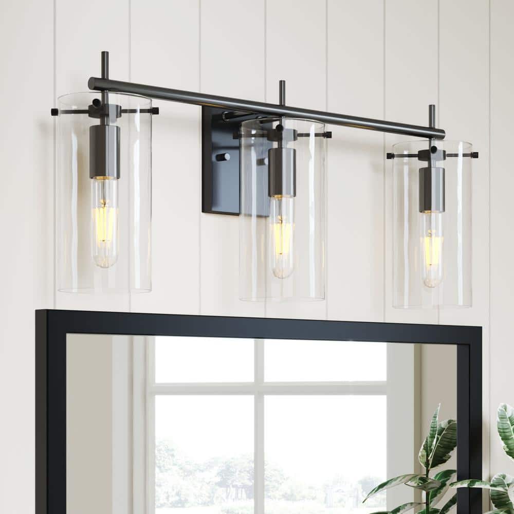 Nathan James Heidi 26 in. 3-Light Bathroom Fixture with Black Metal Vanity  Light Frame and Clear Glass Shade for Bathroom and Vanity 13102 The Home  Depot