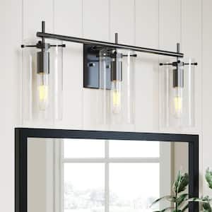 Heidi 26 in. 3-Light Bathroom Fixture with Black Metal Vanity Light Frame and Clear Glass Shade for Bathroom and Vanity