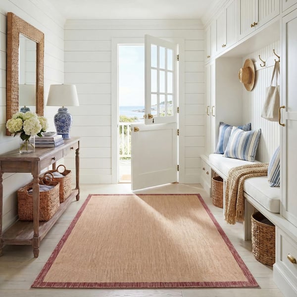 Courtyard 5 x 8 Beige/Red Border Area Rug