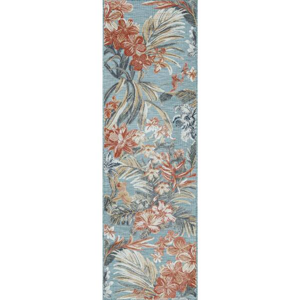 Tayse Rugs Tropic Floral Aqua 2 ft. x 3 ft. Indoor/Outdoor Area Rug, Blue