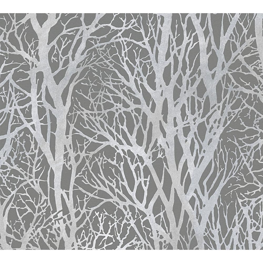 Life Series Trees - Silver Metallic and Dark Grey Wallpaper
