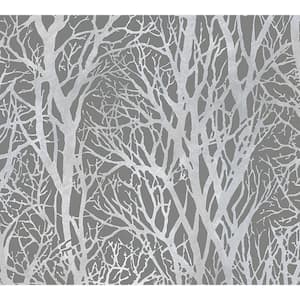 Life Series Trees - Silver Metallic and Dark Grey Wallpaper