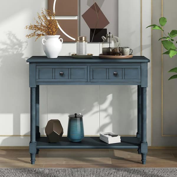 Harper & Bright Designs 35.34 in. Navy Blue Rectangle Wood Console Table with 2-Drawers and Bottom Shelf for Entryways