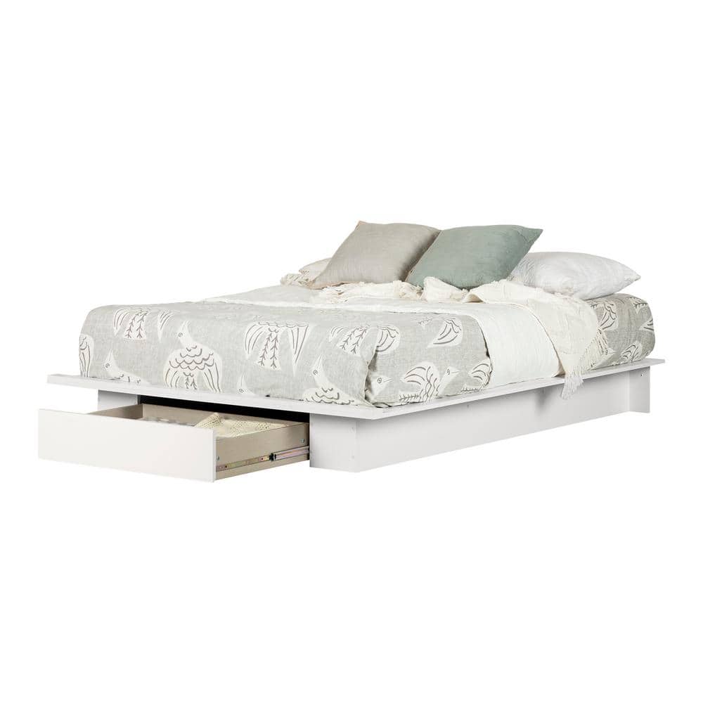 White Queen Platform Bed with Single Drawer
