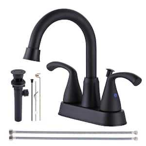 4 in. Centerset Double-Handle High Arc Bathroom Faucet with Pop Up Drain Included in Matte Black