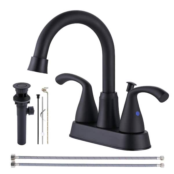 IVIGA 4 in. Centerset Double-Handle High Arc Bathroom Faucet with Lift Rod Drain Included in Matte Black