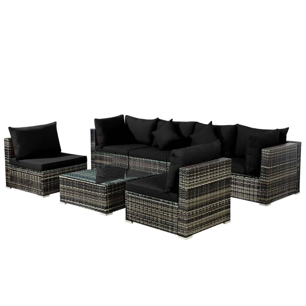 7-Piece PE Rattan Wicker Outdoor Patio Sectional Sofa Conversation Set with Black Cushions -  Gymax, GYM08097