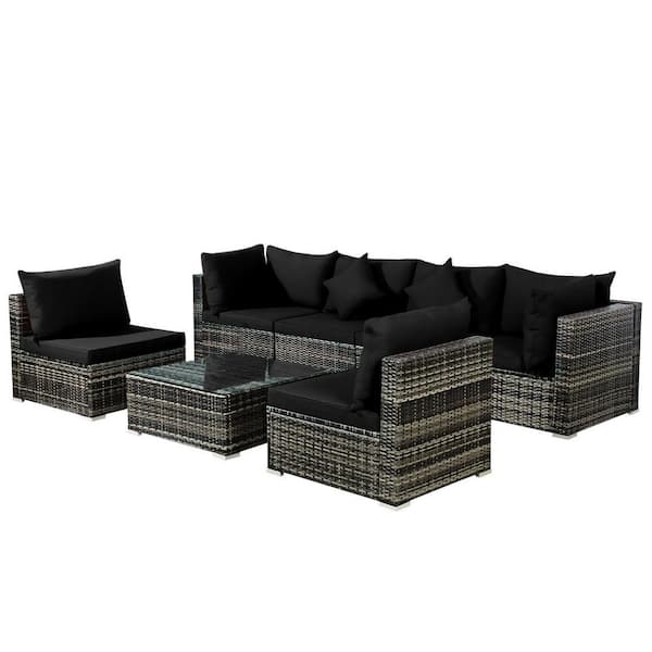 Gymax 7-Piece PE Rattan Wicker Outdoor Patio Sectional Sofa Conversation Set with Black Cushions