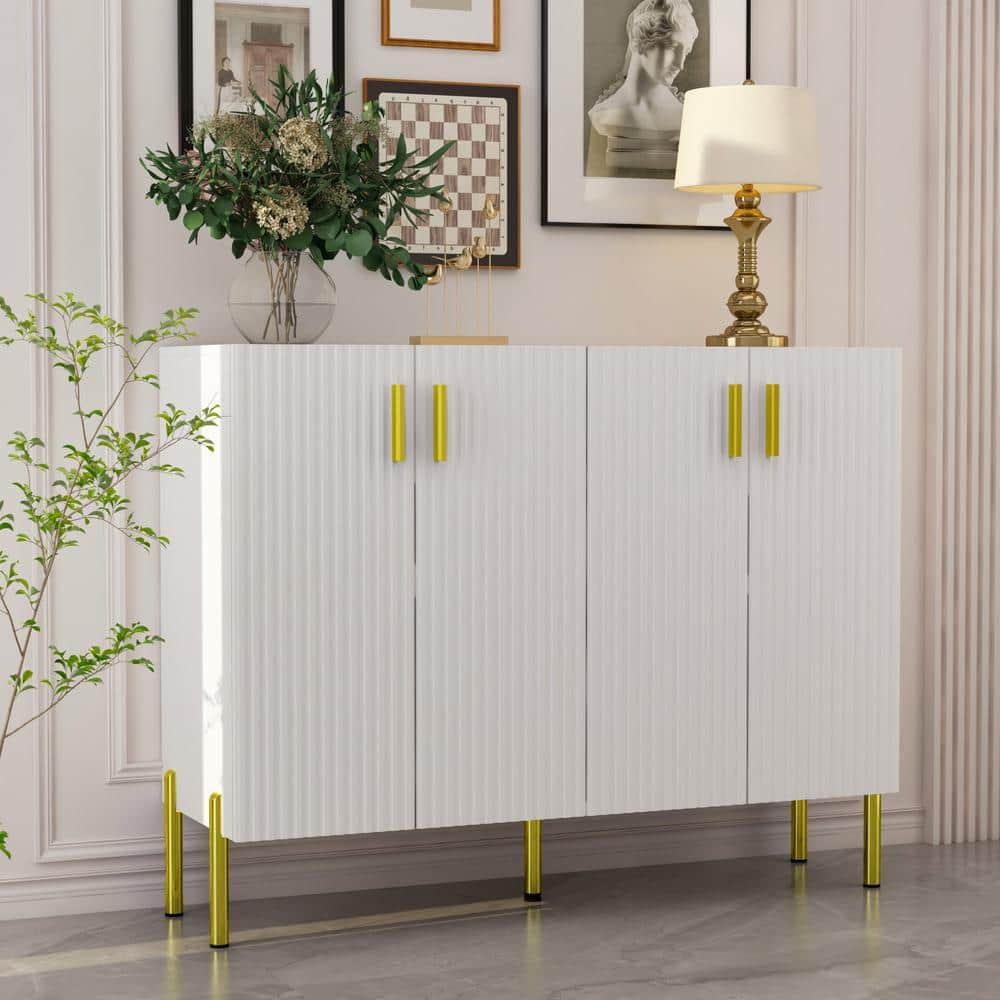 FUFU&GAGA Wavy Finish Console Table In White With 2 Storage Cabinets ...