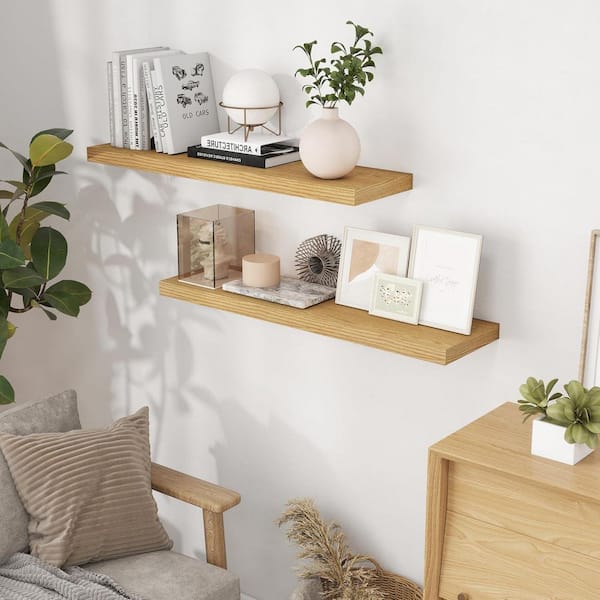 39.4 in. W x 9.3 in. D Oak Floating Shelves Decorative Wall Shelf for Bedroom Set of 2