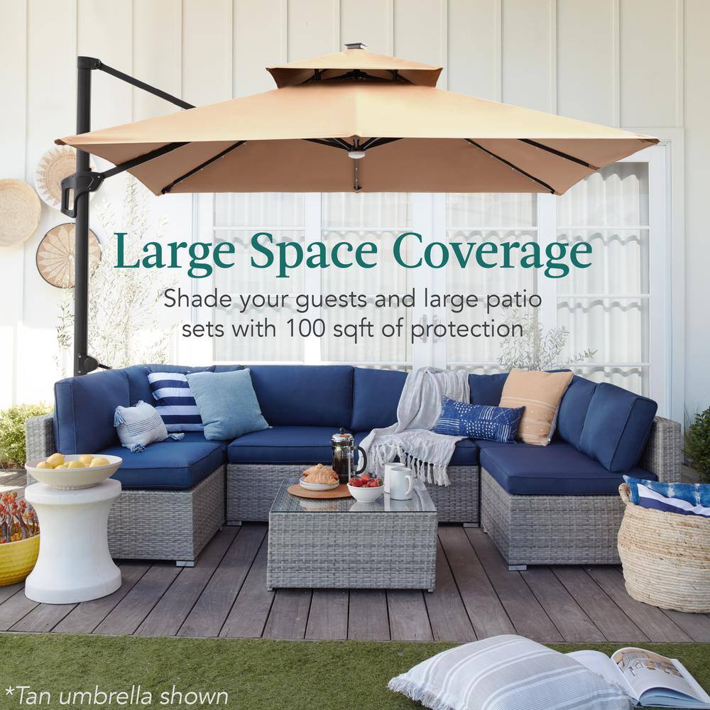 Red 10x10ft 2-Tier Square Outdoor Solar LED Cantilever Patio Umbrella