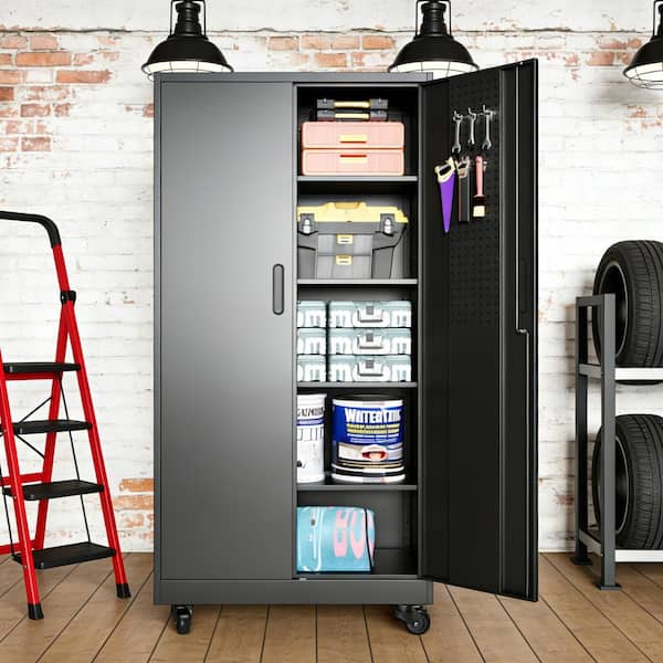 71 in. H Black Tall Steel Garage Storage Cabinet w/Doors Wheels 4