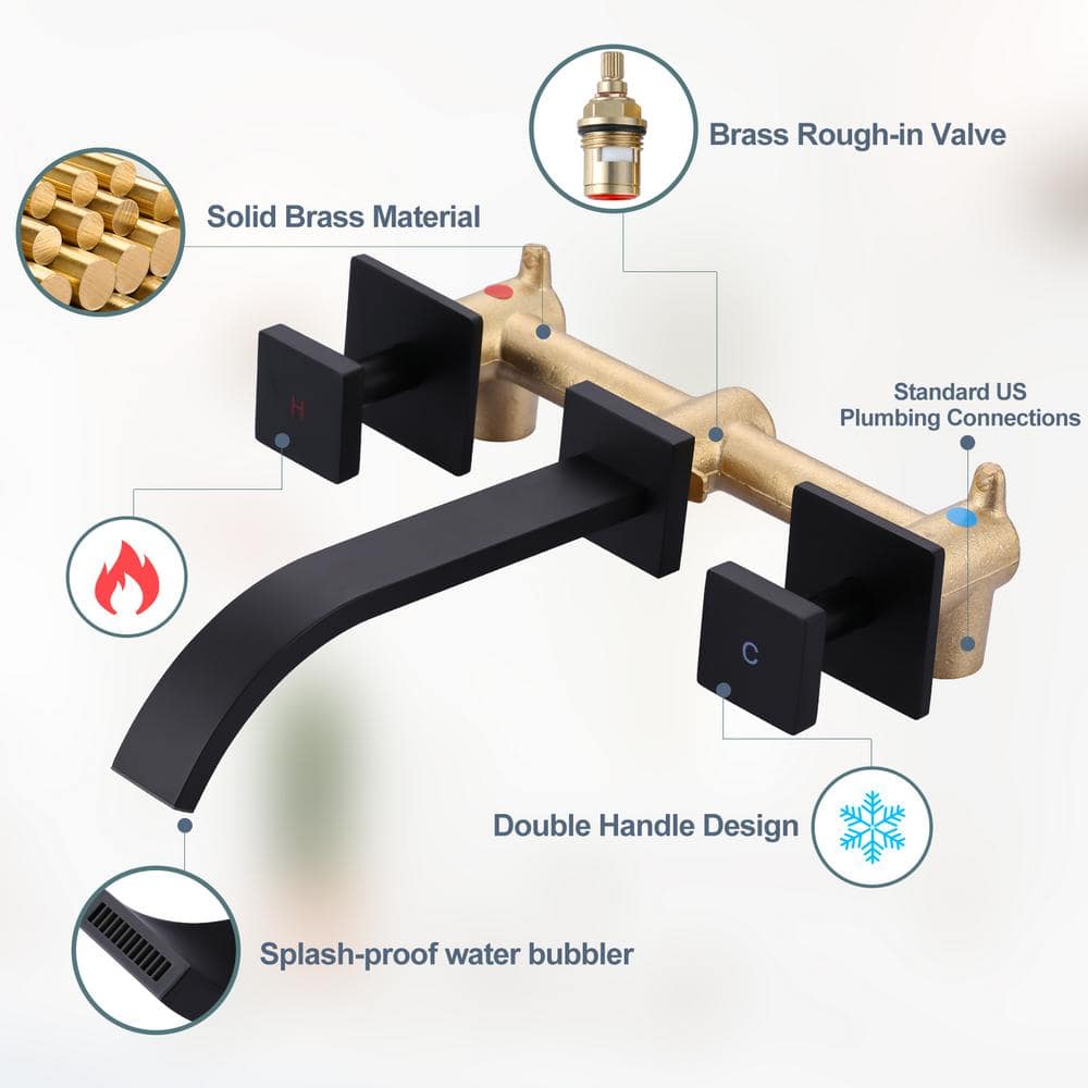 Matte Black Brass Wall-Mounted Double Handle Faucet