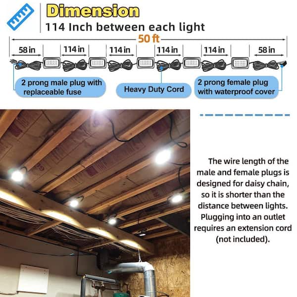 1-Pack 110V 85W LED Work Light, 8000 Lumen, Waterproof String Lights, 50 ft. 5-Light Heads, Extension Cord(Not Included)