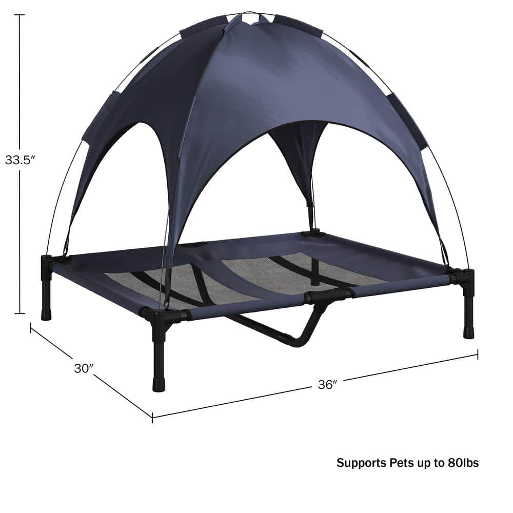 Large Navy Blue Elevated Outdoor Waterproof Dog Bed with Canopy