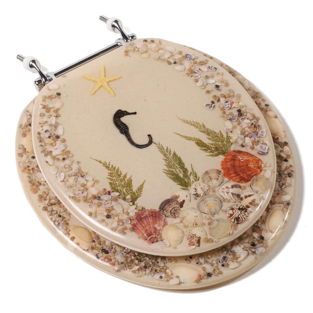 CHROME HINGES STANDARD SIZE JEWEL SHELL SEASHELL AND SEAHORSE RESIN TOILET SEAT 