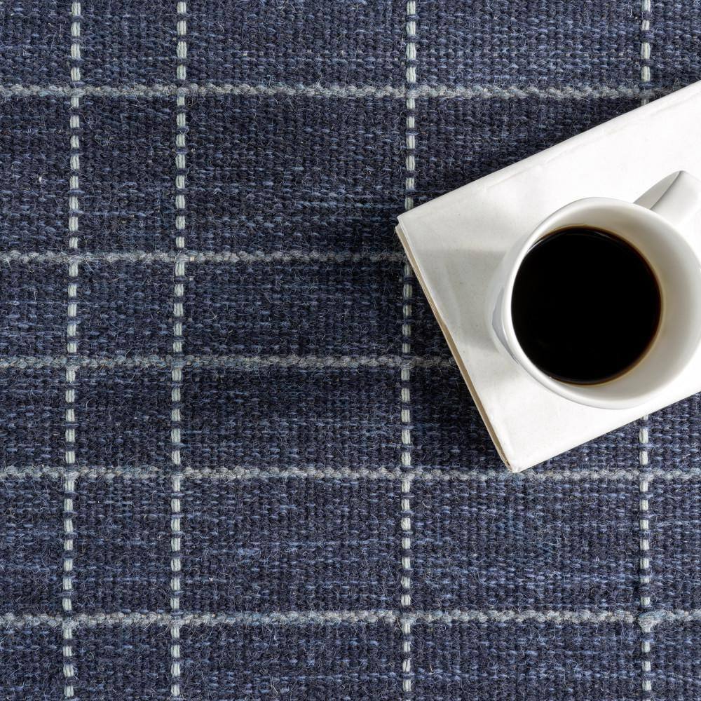 Handmade Blue Wool Rectangular Plaid Area Rug