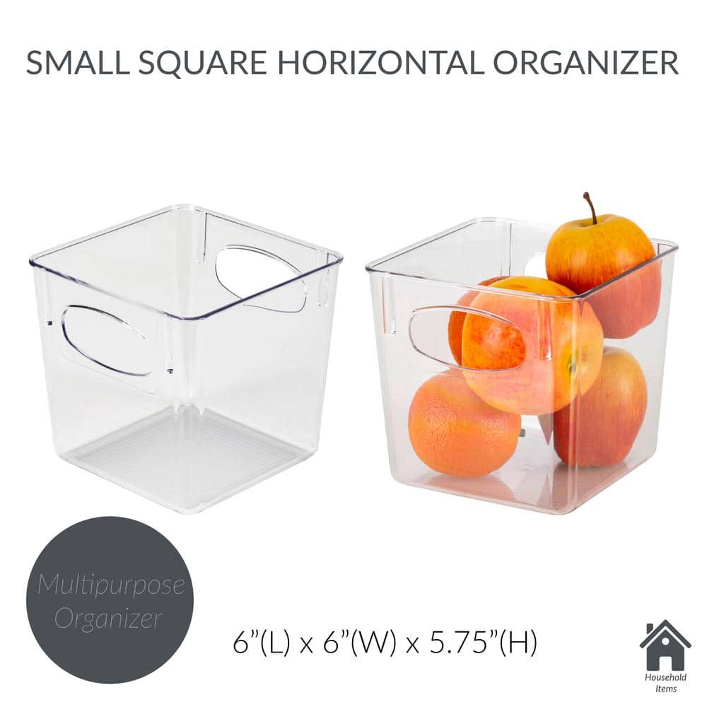 Clear Small Square Plastic Storage Bin with Cut-Out Handles