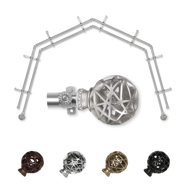EMOH 13/16" Dia Adjustable 4-Sided Double Bay Window Curtain Rod 28 to 48" (each side) with London Finials in Satin Nickel