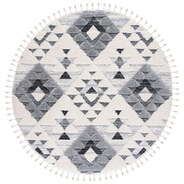 Moroccan Tassel 10 ft. x 10 ft. Ivory/Gray Geometric Round Rug