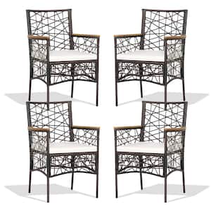 Mix Brown Steel Wicker Outdoor Dining Chair with Off White Cushion(Set of 4)