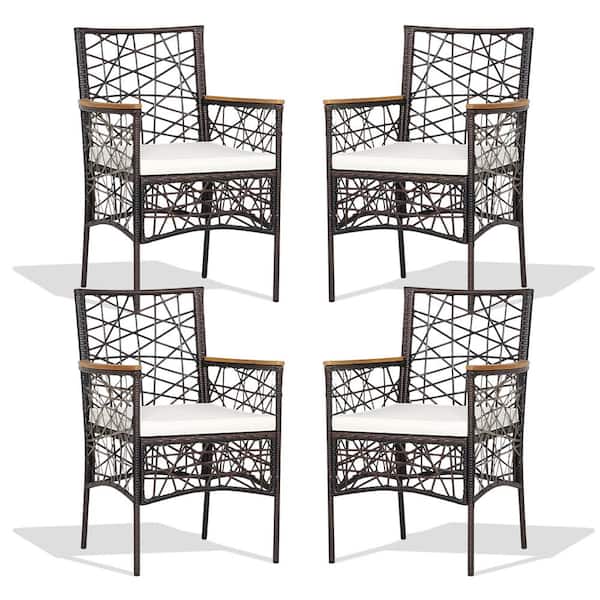Costway Mix Brown Steel Wicker Outdoor Dining Chair with Off White Cushion(Set of 4)