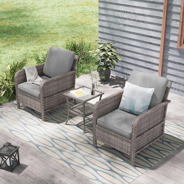 3-Pieces Outdoor Patio Conversation Set with 2-Single Sofas and Side Table Gray Wicker with Gray Cushion