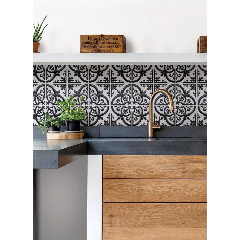 20'' Black and White PVC Gothic Peel and Stick Tile