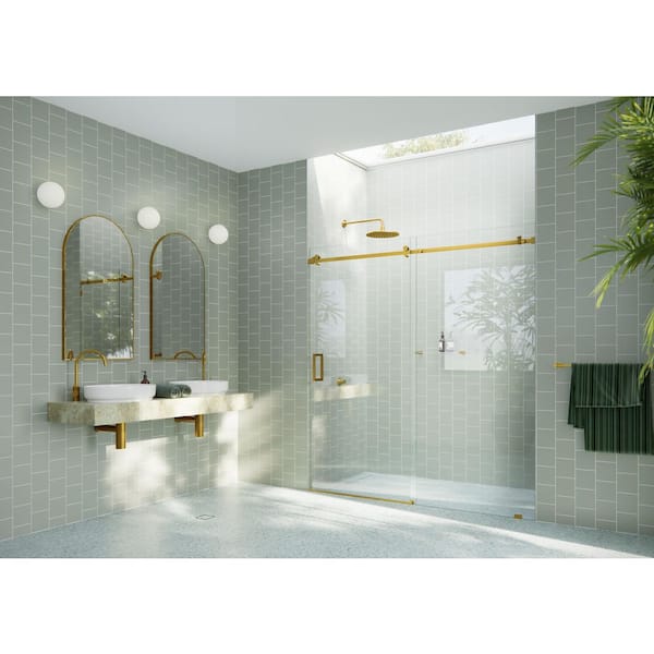 72 in. W x 78 in. H Sliding Frameless Shower Door with Square Hardware in Satin Brass finish