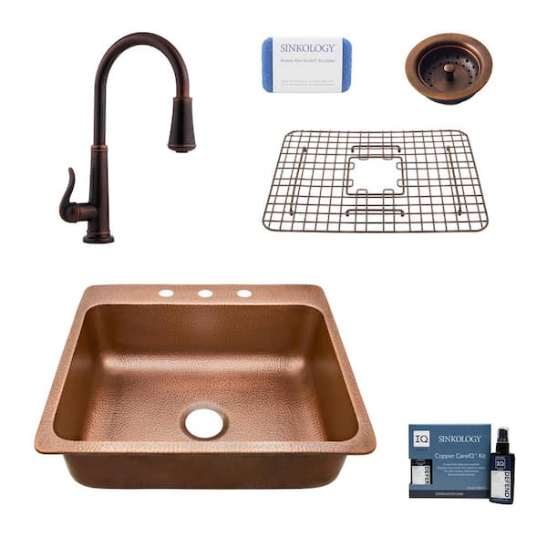 SINKOLOGY Rosa All-in-One Drop-In Copper 25 in. 3-Hole Single Bowl Copper Kitchen Sink with Pfister Bronze Faucet and Strainer