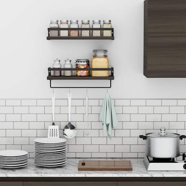 Floating Shelves Set of 2-for Coffee Bar, Bathroom Shelves with Towel Bar,  Wall Shelves with 8 Hooks for Kitchen