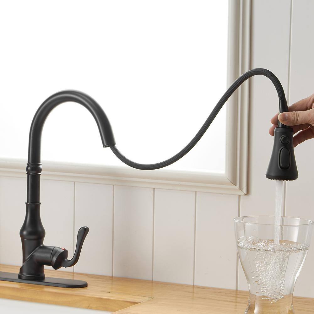 Matte Black Single-Handle Pull-Down Kitchen Faucet with Deck Plate