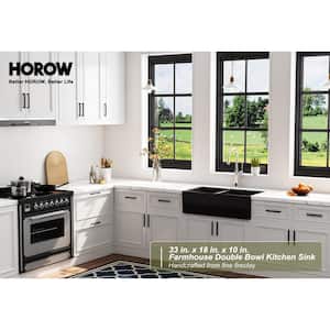 33 in. Farmhouse/Apron-Front Double Bowl Black Fireclay Kitchen Sink Workstation Kitchen Sink with Bottom Grid