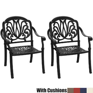 Black Cast Aluminum Patio Outdoor Dining Chair with Random Color Cushion (2-Pack)