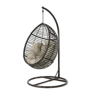 Multi-Brown Steel Egg-Shaped Outdoor Patio Swing with Khaki Cushion