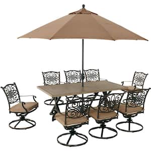 Traditions 9-Piece Aluminum Outdoor Dining Set with Tan Cushions, 8 Swivel Rockers, Tile Top Table and Umbrella