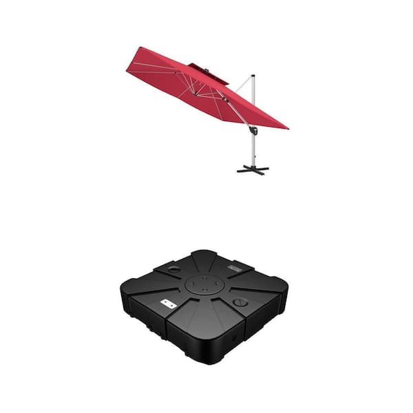 11 ft. Square Double Top Red Patio Umbrella with Wheeled Mobile HDPE Base