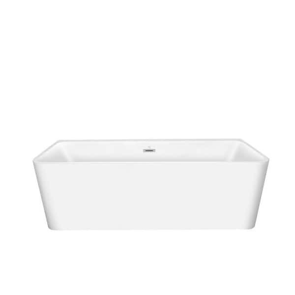 VANITYFUS 67 in. Acrylic Freestanding Flatbottom Double Ended Rectangular Soaking Bathtub in White with Brass Drain