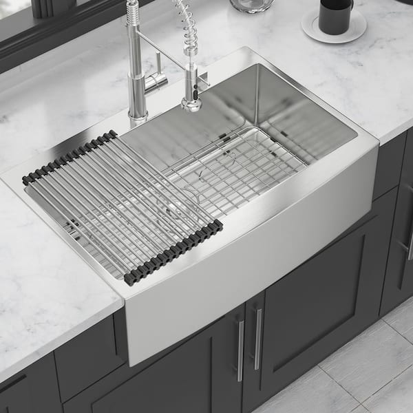 33 in. Farmhouse Single Bowl 16-Gauge Brushed Nickel Stainless Steel Kitchen Sink with Bottom Grids