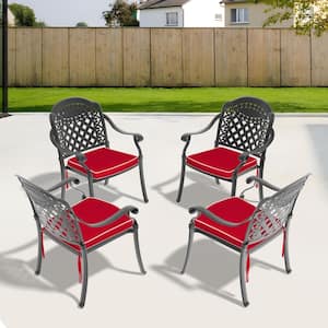 Cast Aluminum Patio Dining Chair 4-Piece with Black Frame and Cushions in Random Colors