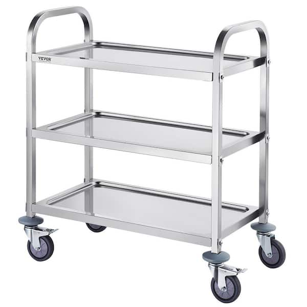 3-Tier Silver Stainless Steel Kitchen Cart with Lockable Wheels 400 lbs. Weight Capacity for Lab, Clinic, Salon