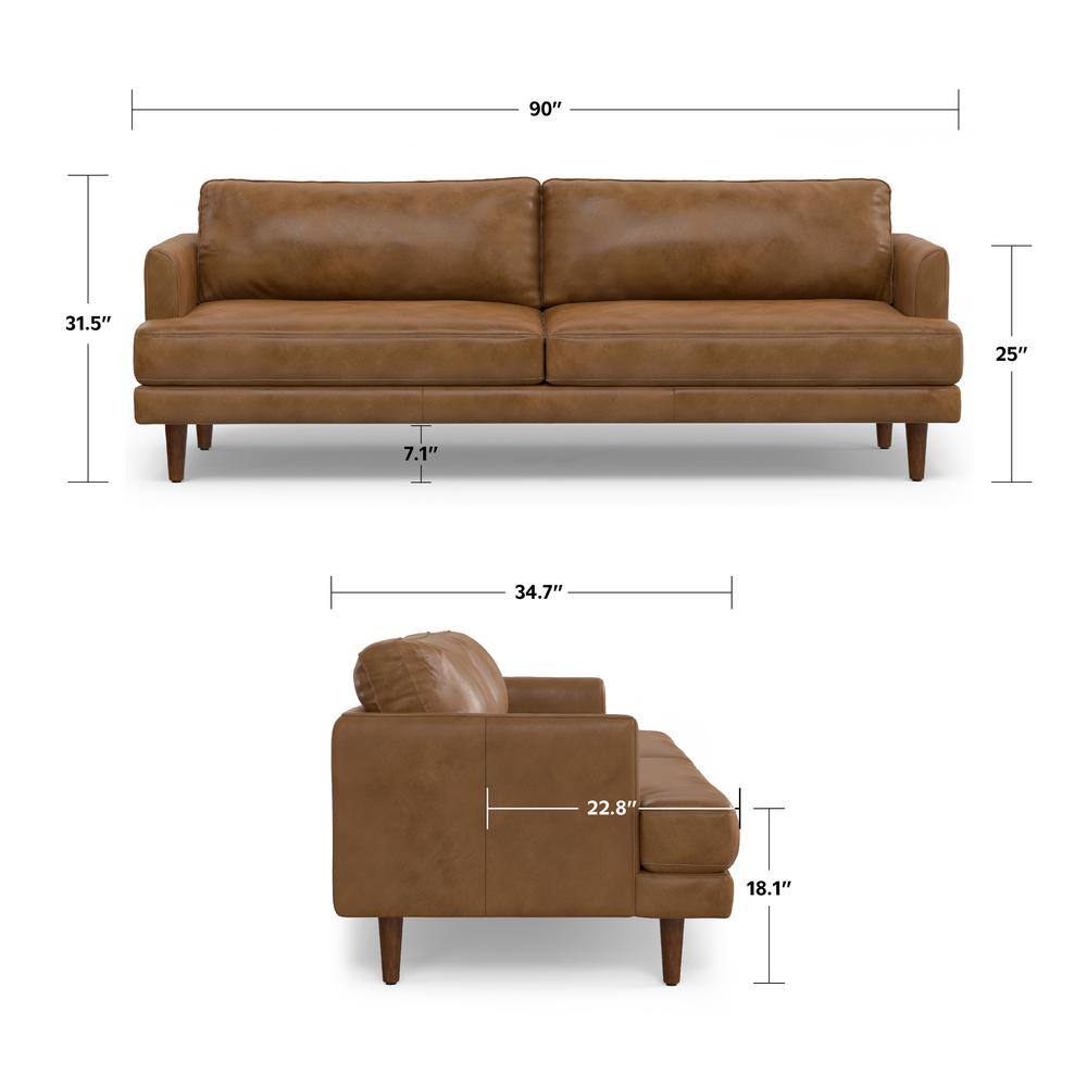 Caramel Brown Genuine Leather Mid-Century Modern Sofa with Removable Cushions