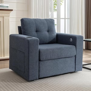 Blue Velvet Upholstered 90-Degree Swivel Arm Chair, Accent Chair with Drink Holder, USB Charging, 2 Side Pockets