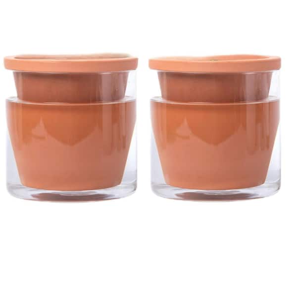 6 in. Ceramic Design Self Watering Pot for Indoor Plants, Terracotta Planter with Cylinder Glass Cup (2-Pack)