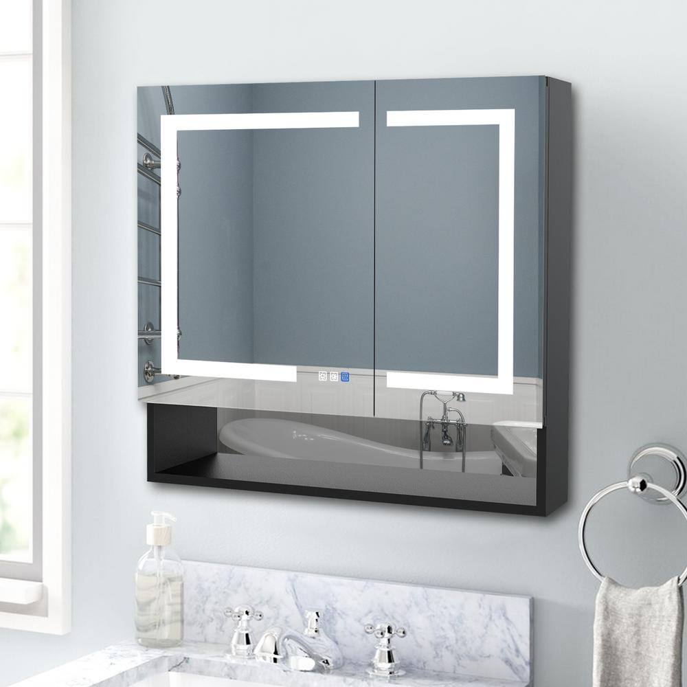 ExBrite 36 inch W x 32 inch H LED Lighted Mirror Black Medicine Cabinet with Shelves for Bathroom Recessed or Surface Mount, Size: 1 in