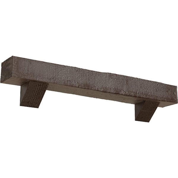 Ekena Millwork 8 in. x 12 in. x 5 ft. Rough Sawn Faux Wood Fireplace Mantel Kit, Breckinridge Corbels, Aged Pecan