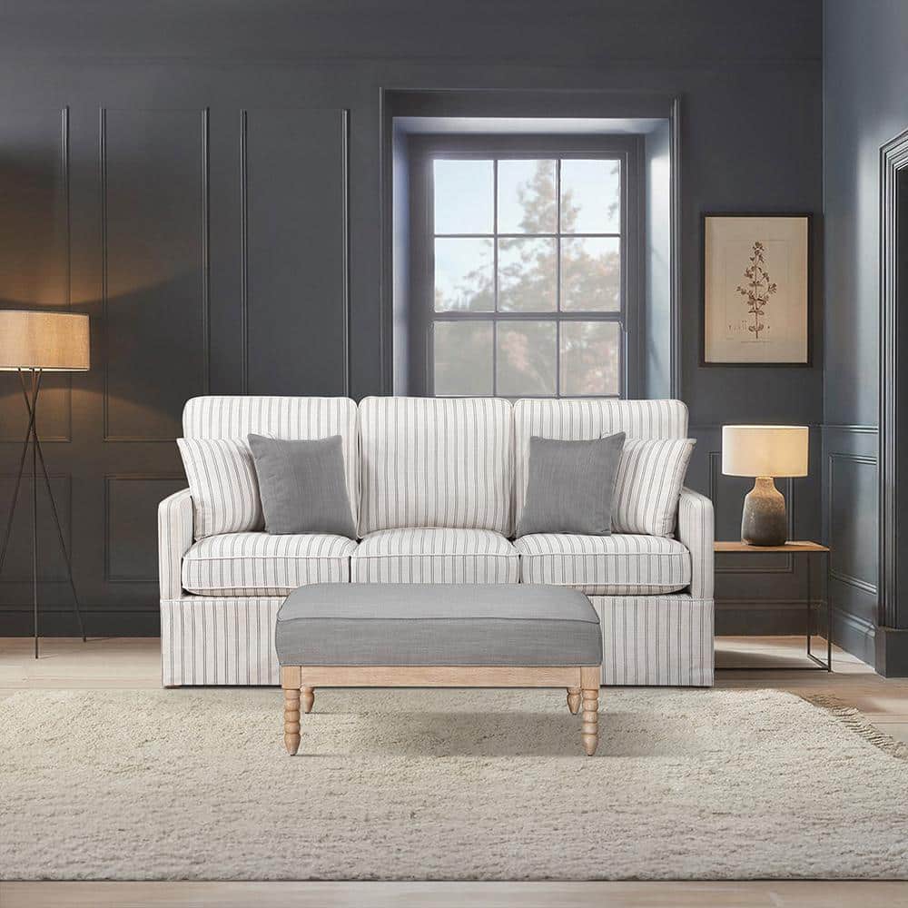 Gray Fabric Upholstered Rectangular Accent Ottoman with Natural Wood Frame