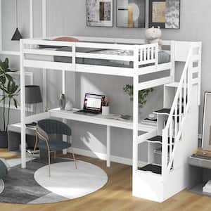 White Twin Size Wooden Loft Bed with Built in Desk and Staircase
