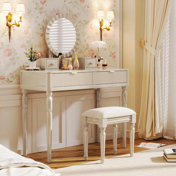 Champagne 39.4 in. W Makeup Vanity with Round Mirror and Height-Adjustable, Dresser with 4 Drawers and Stool